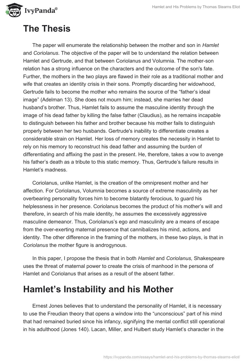 "Hamlet and His Problems" by Thomas Stearns Eliot 2774 Words Essay