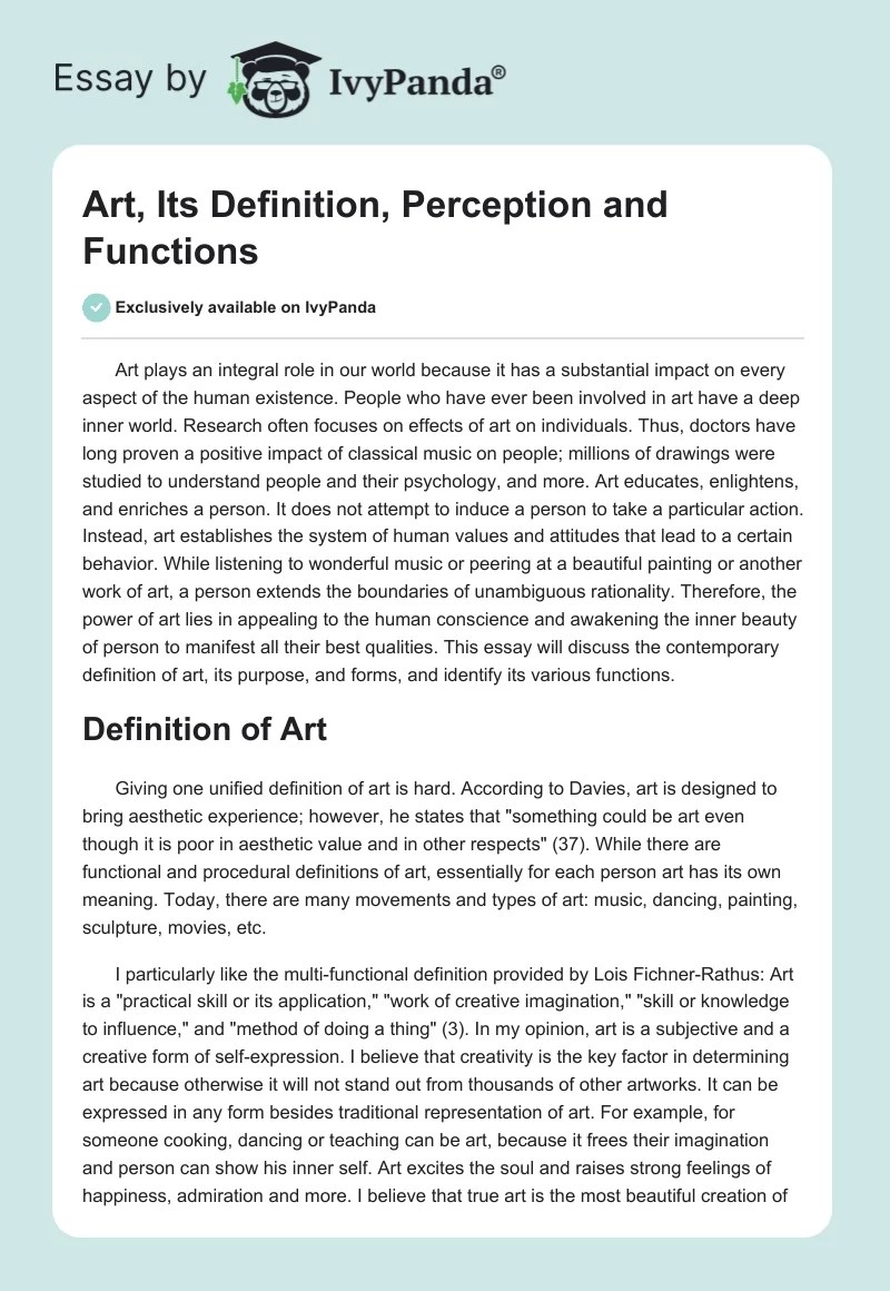 Art, Its Definition, Perception and Functions 1127 Words Essay Example