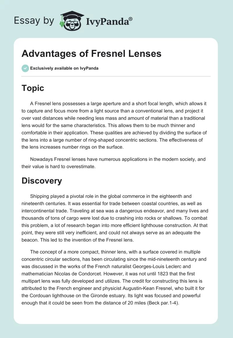 Advantages of Fresnel Lenses 612 Words Report Example