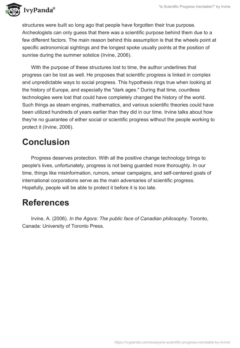 "Is Scientific Progress Inevitable?" by Irvine 571 Words Essay Example