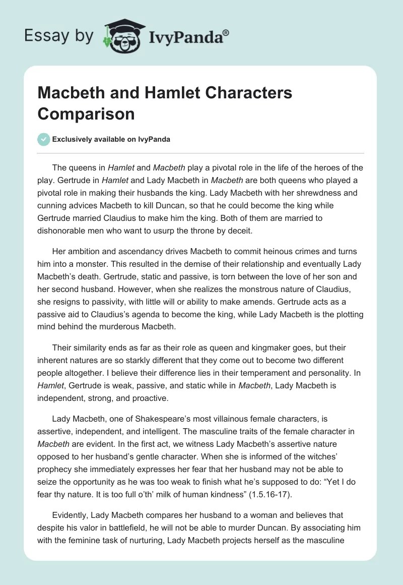 Macbeth and Hamlet Characters Comparison 1791 Words Essay Example