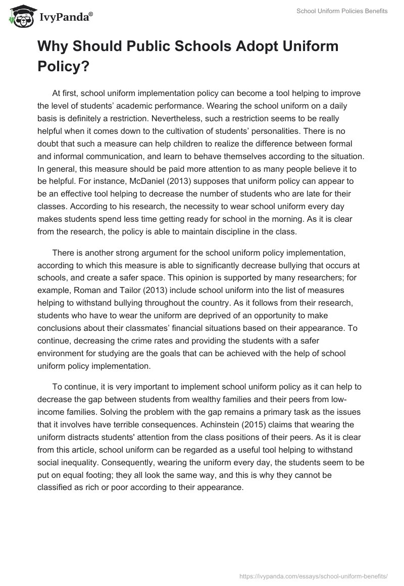 School Uniform Policies Benefits 1195 Words Research Paper Example