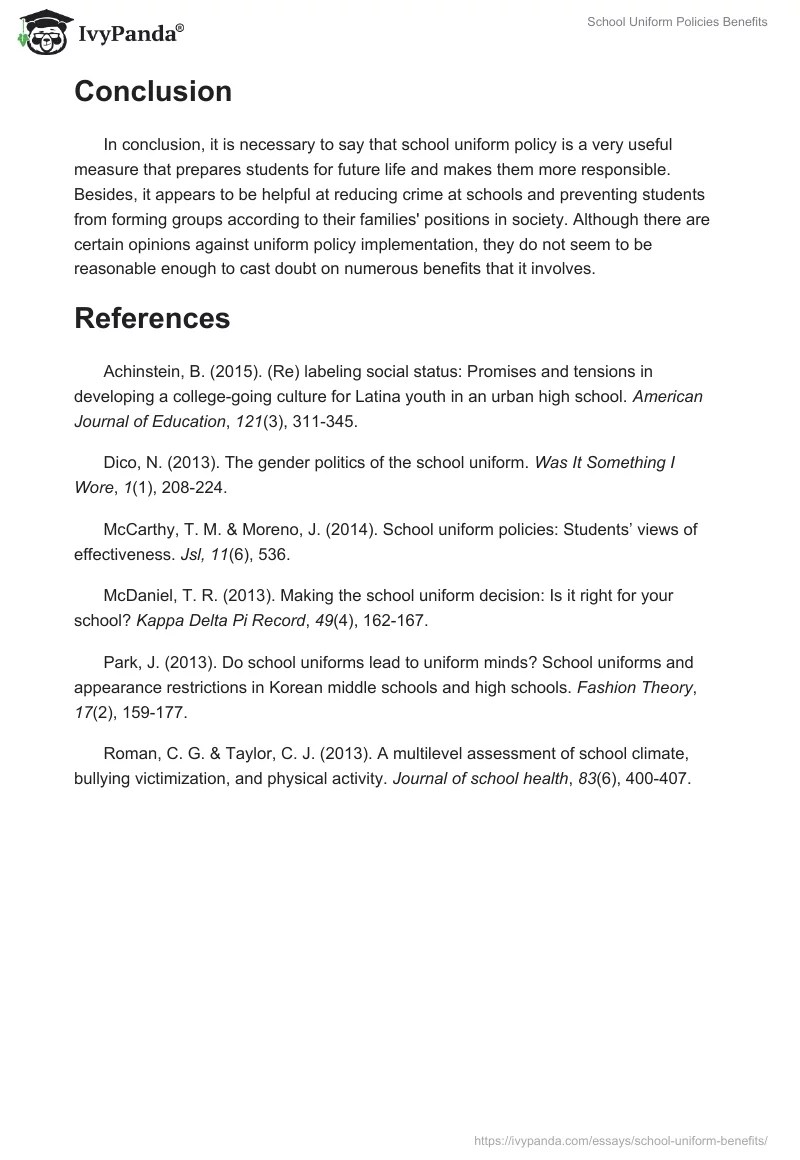 School Uniform Policies Benefits 1195 Words Research Paper Example