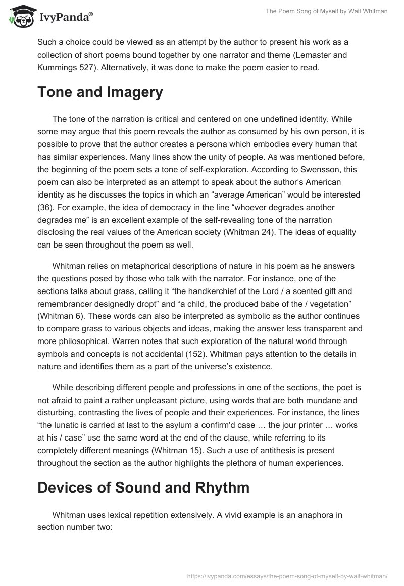 The Poem "Song of Myself" by Walt Whitman 1467 Words Research Paper