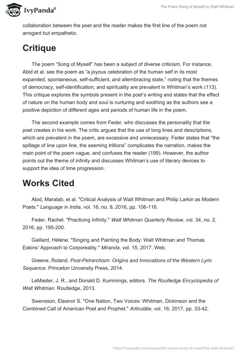 The Poem "Song of Myself" by Walt Whitman 1467 Words Research Paper