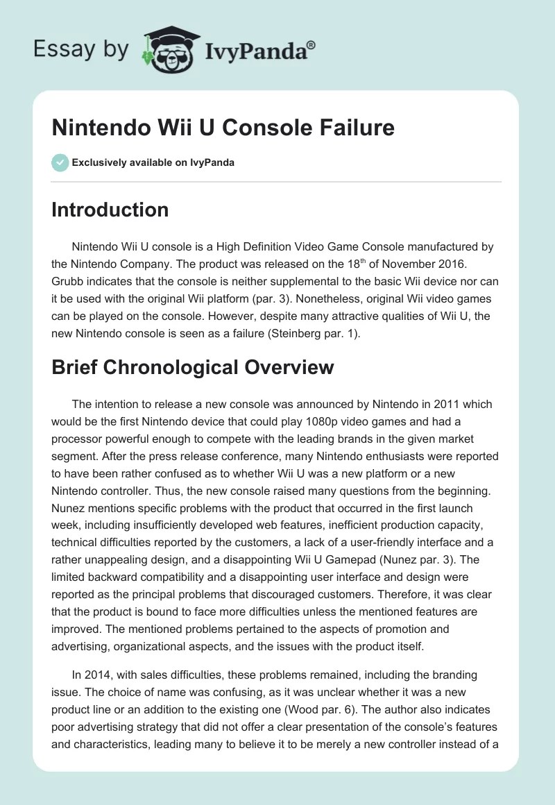 Nintendo Wii U Console Failure 623 Words Essay Example