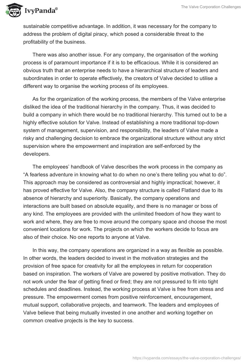 The Valve Corporation Challenges 5130 Words Case Study Example