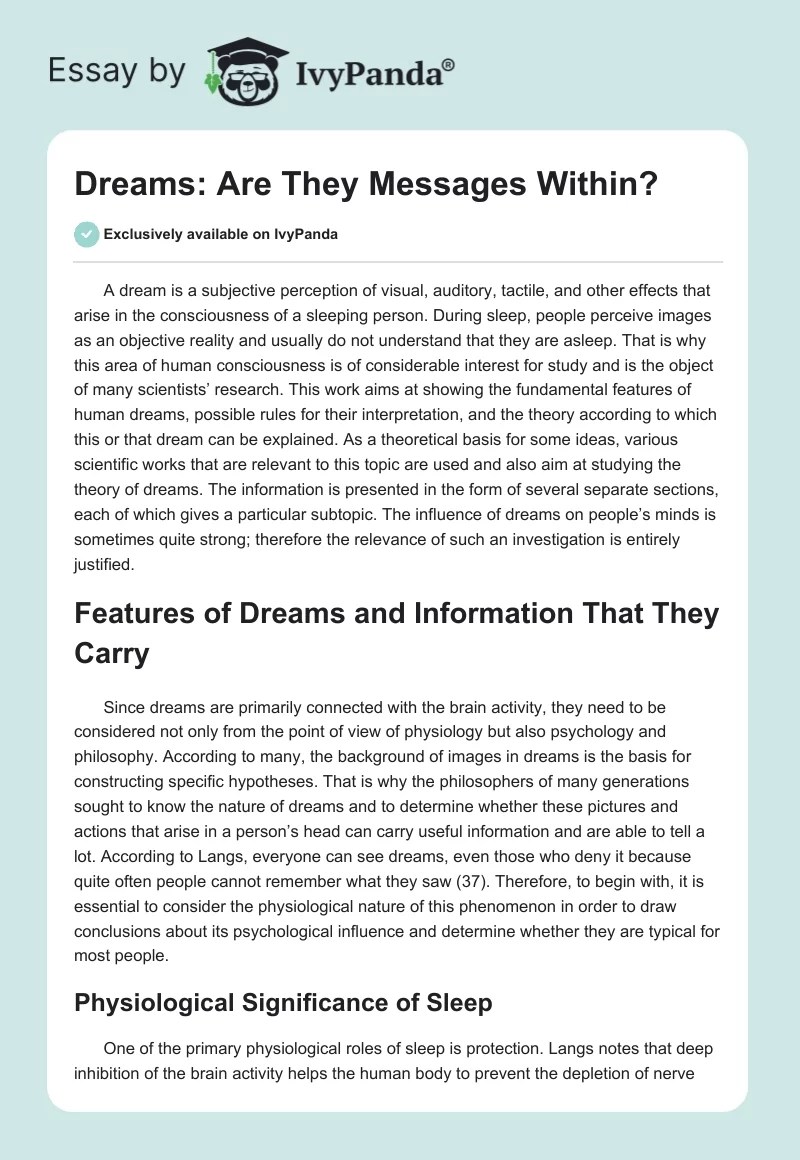 Dreams Are They Messages Within? 1132 Words Research Paper Example