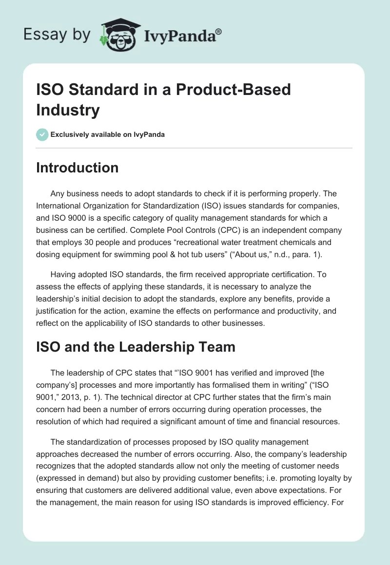 ISO Standard in a ProductBased Industry 1153 Words Essay Example