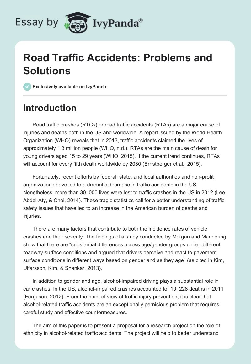 Road Traffic Accidents Problems and Solutions 1609 Words Proposal