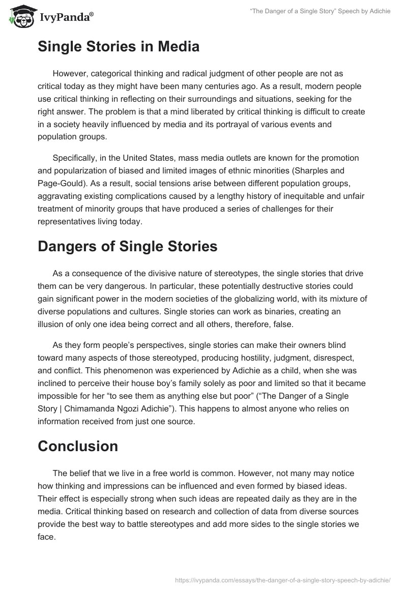 "The Danger of a Single Story" Speech by Adichie 639 Words Essay