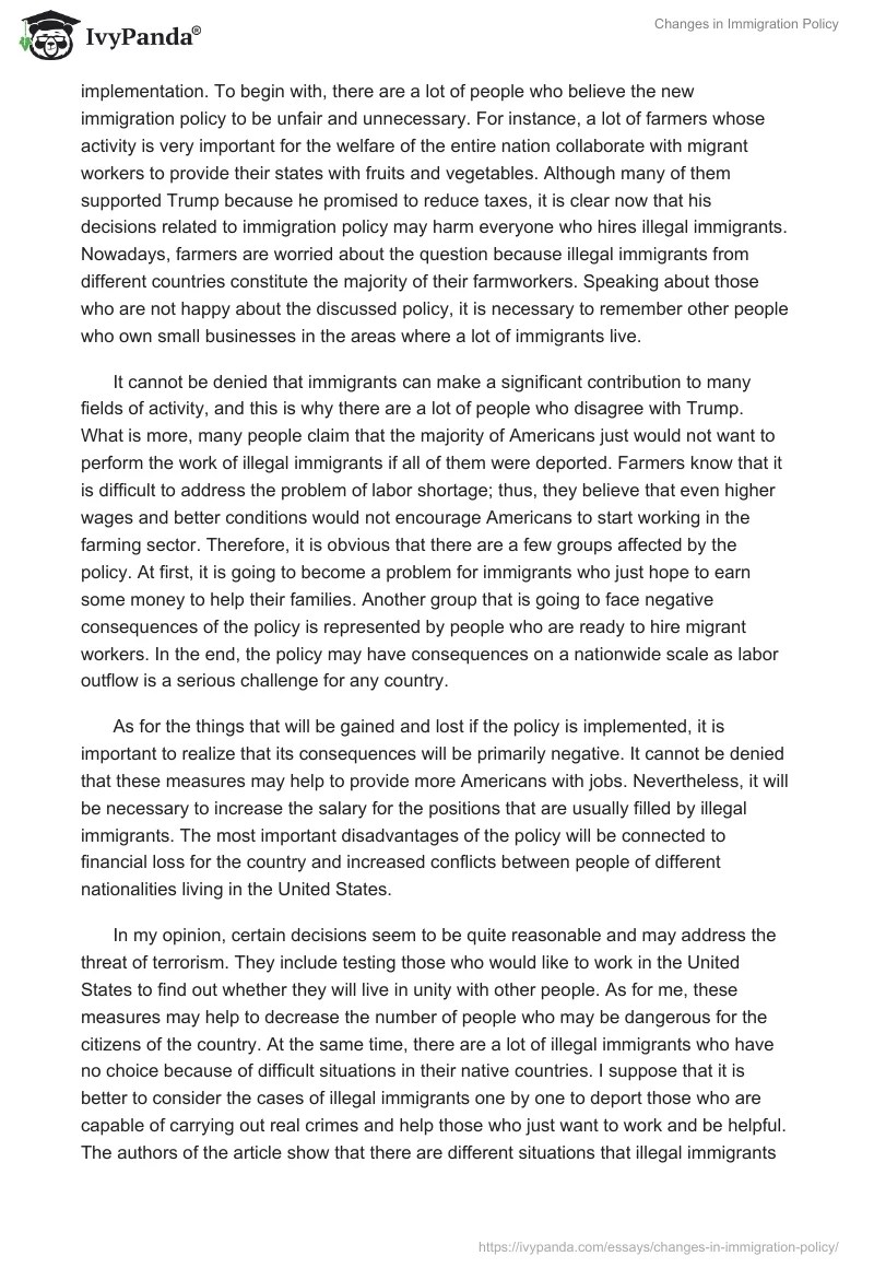 Changes in Immigration Policy 896 Words Essay Example