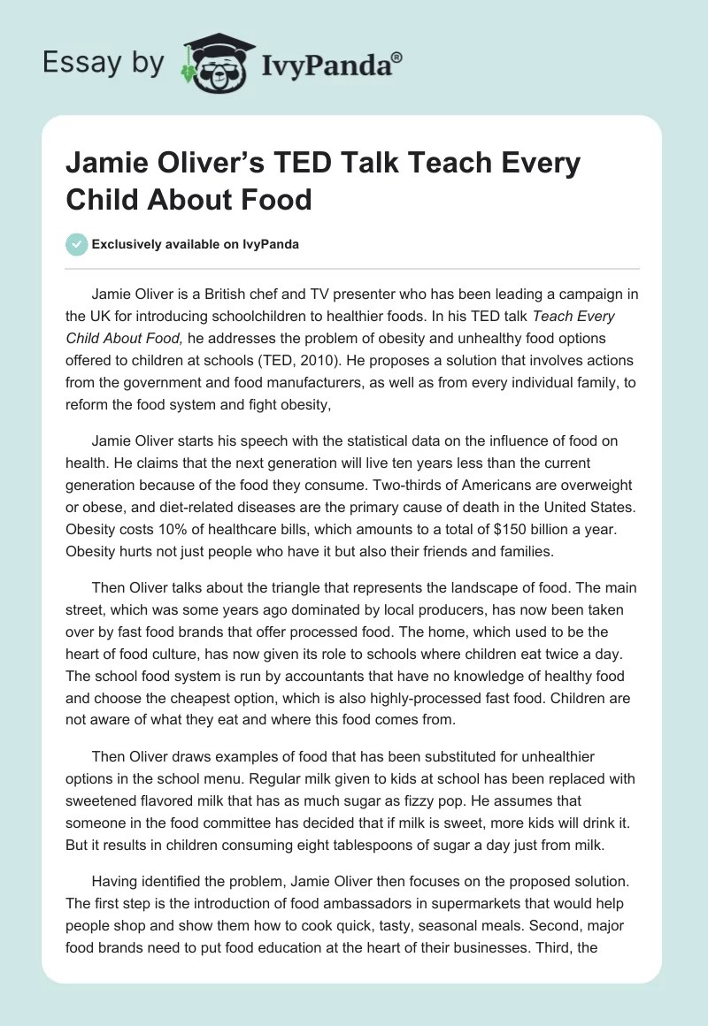 Jamie Oliver's TED Talk Teach Every Child About Food 619 Words Essay Example