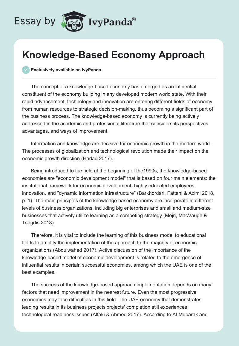 KnowledgeBased Economy Approach 698 Words Research Paper Example