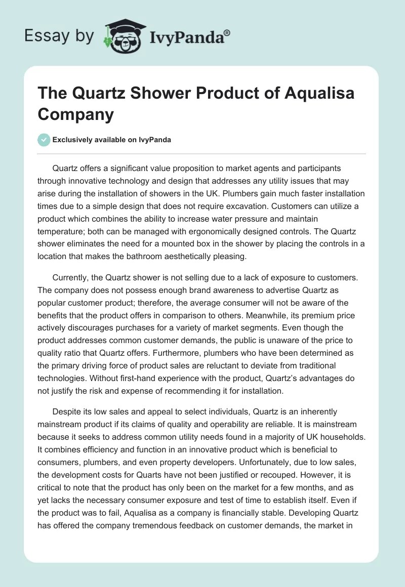The Quartz Shower Product of Aqualisa Company 667 Words Case Study