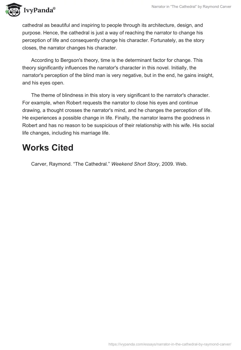 Narrator in "The Cathedral" by Raymond Carver 551 Words Essay Example
