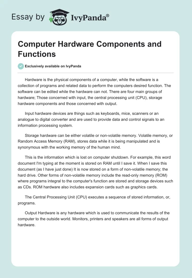 Computer Hardware Components and Functions 251 Words Essay Example