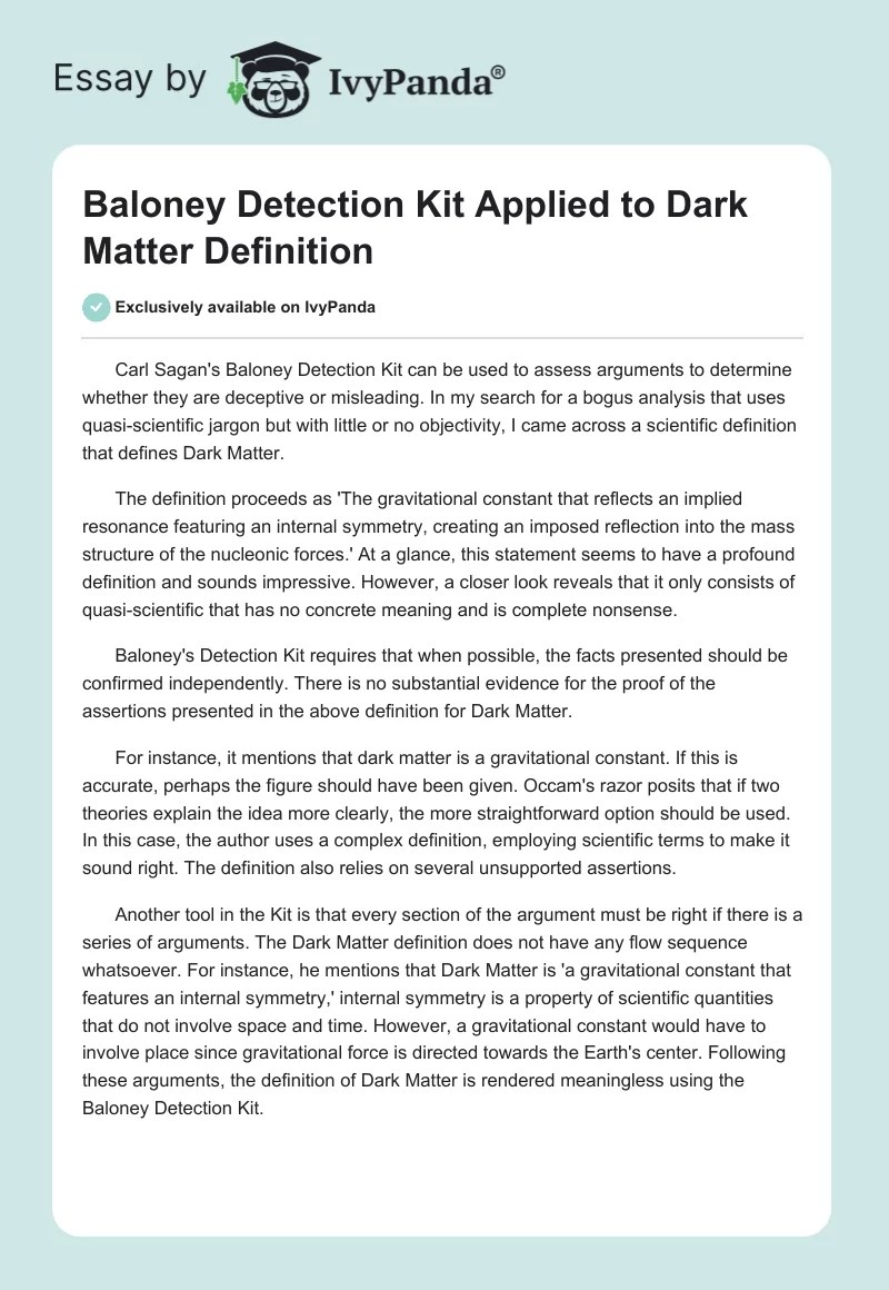 Baloney Detection Kit Applied to Dark Matter Term 305 Words Essay