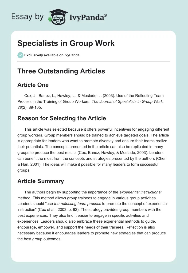 Specialists in Group Work 657 Words Article Example