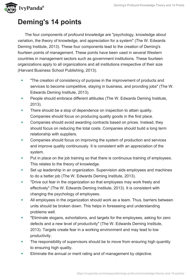 Deming's Profound Knowledge Theory and 14 Points 833 Words Essay