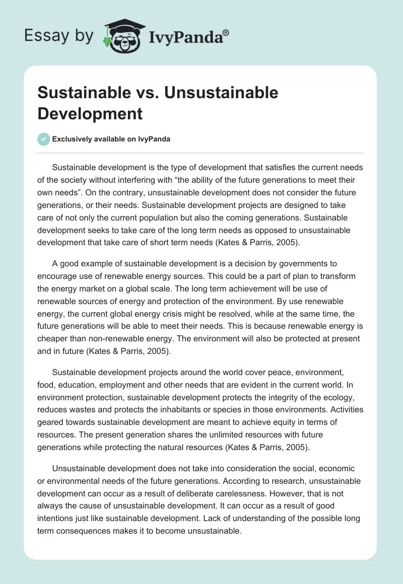 Sustainable vs. Unsustainable Development 970 Words Essay Example
