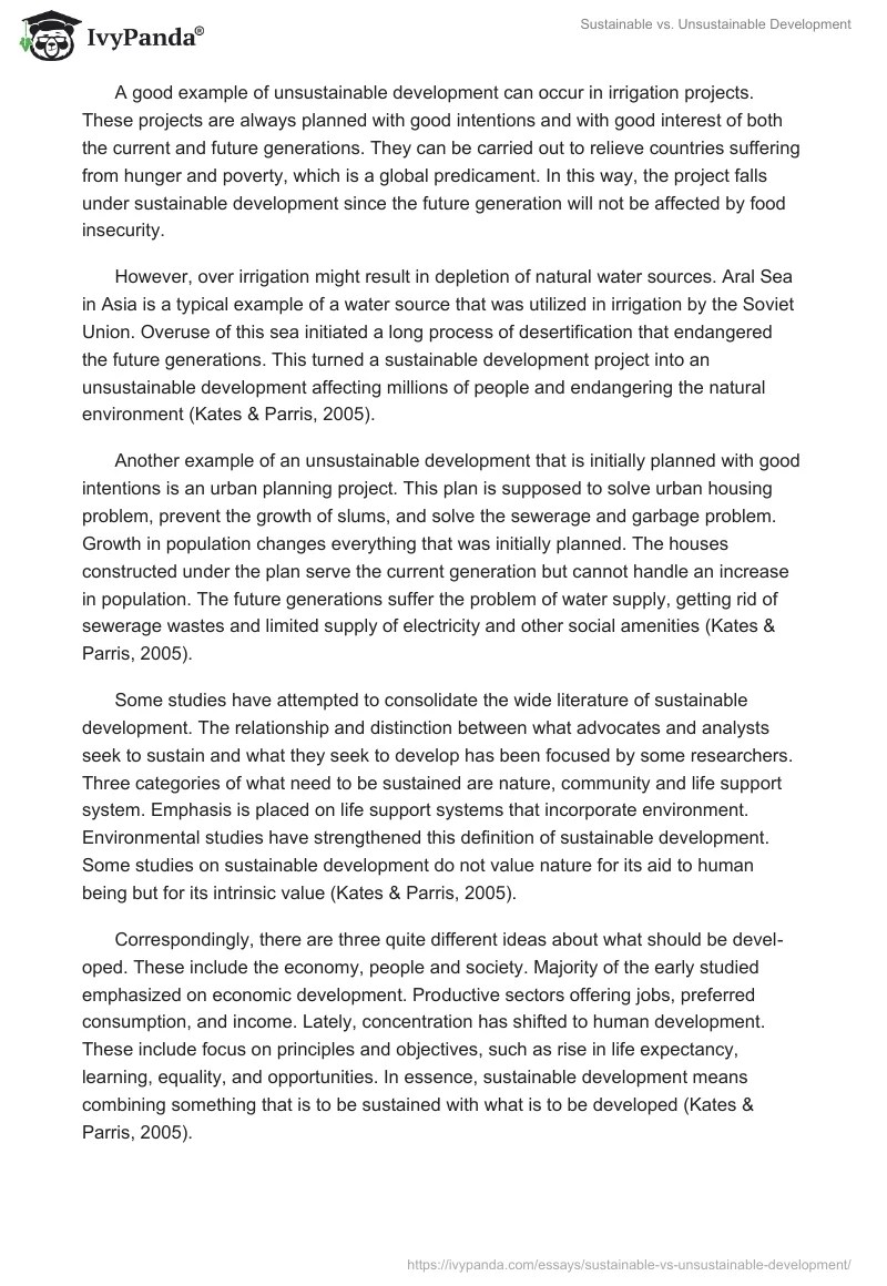 Sustainable vs. Unsustainable Development 970 Words Essay Example