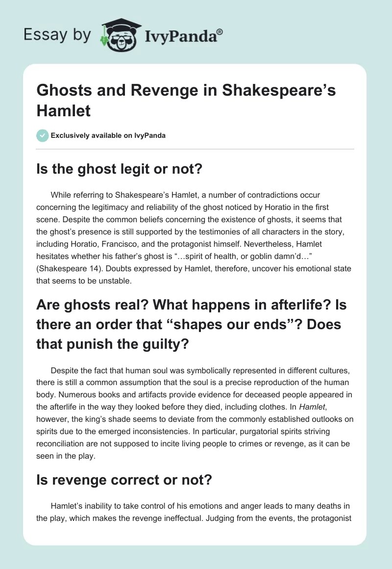 Ghosts and Revenge in Shakespeare's Hamlet 895 Words Essay Example