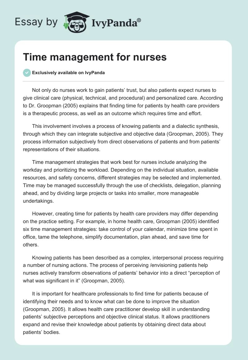 Time Management for Nurses 538 Words Essay Example