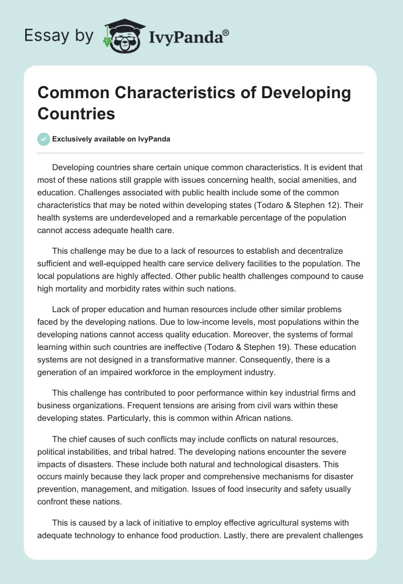Common Characteristics of Developing Countries 1355 Words Essay Example