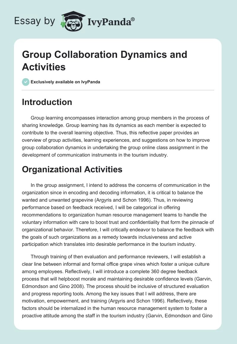 Group Collaboration Dynamics and Activities 849 Words Report Example