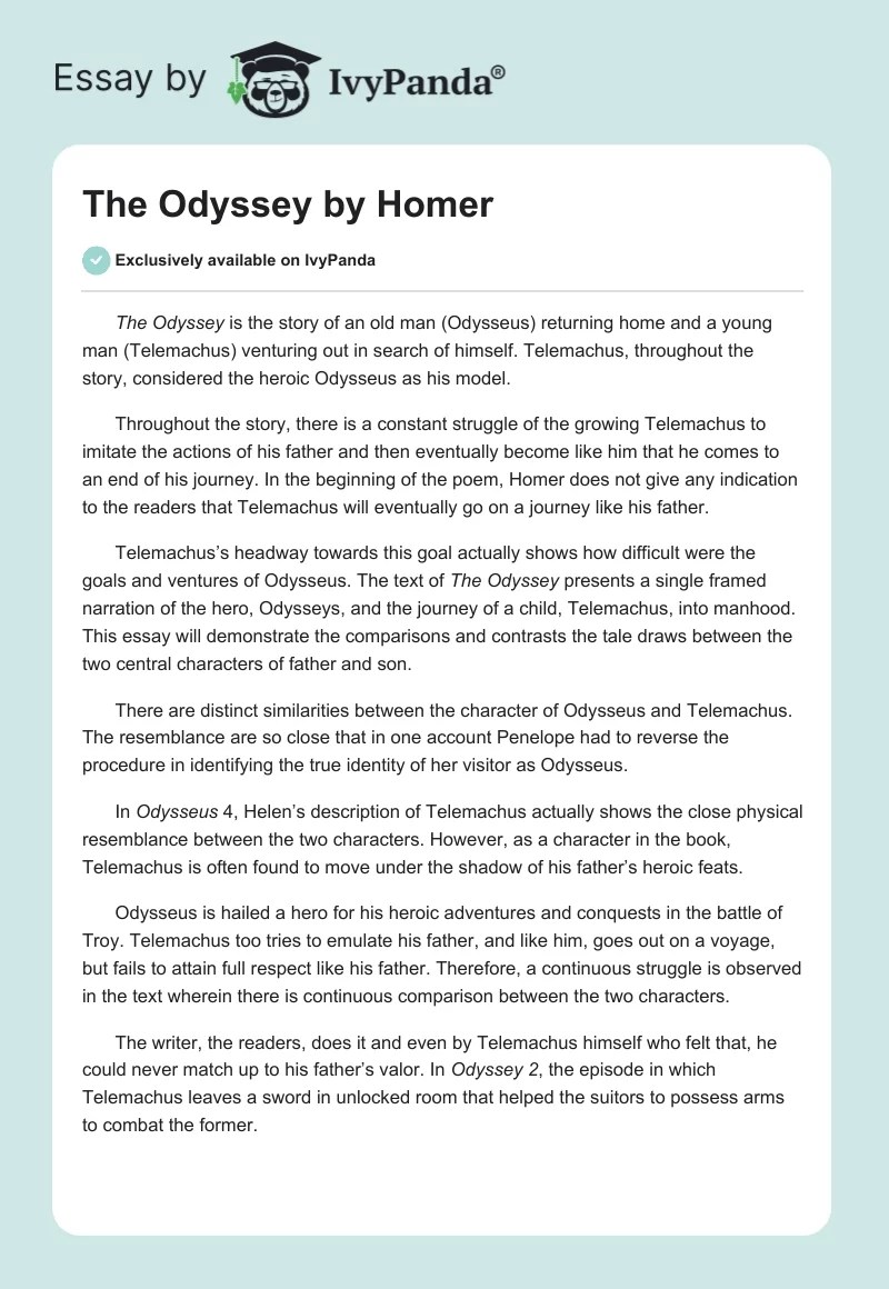 "The Odyssey" by Homer 605 Words Essay Example