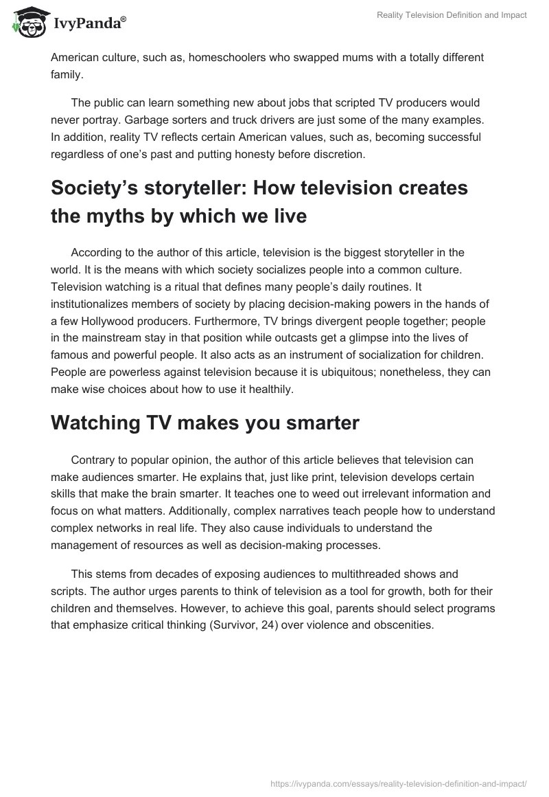 Reality Television Definition and Impact 1399 Words Essay Example