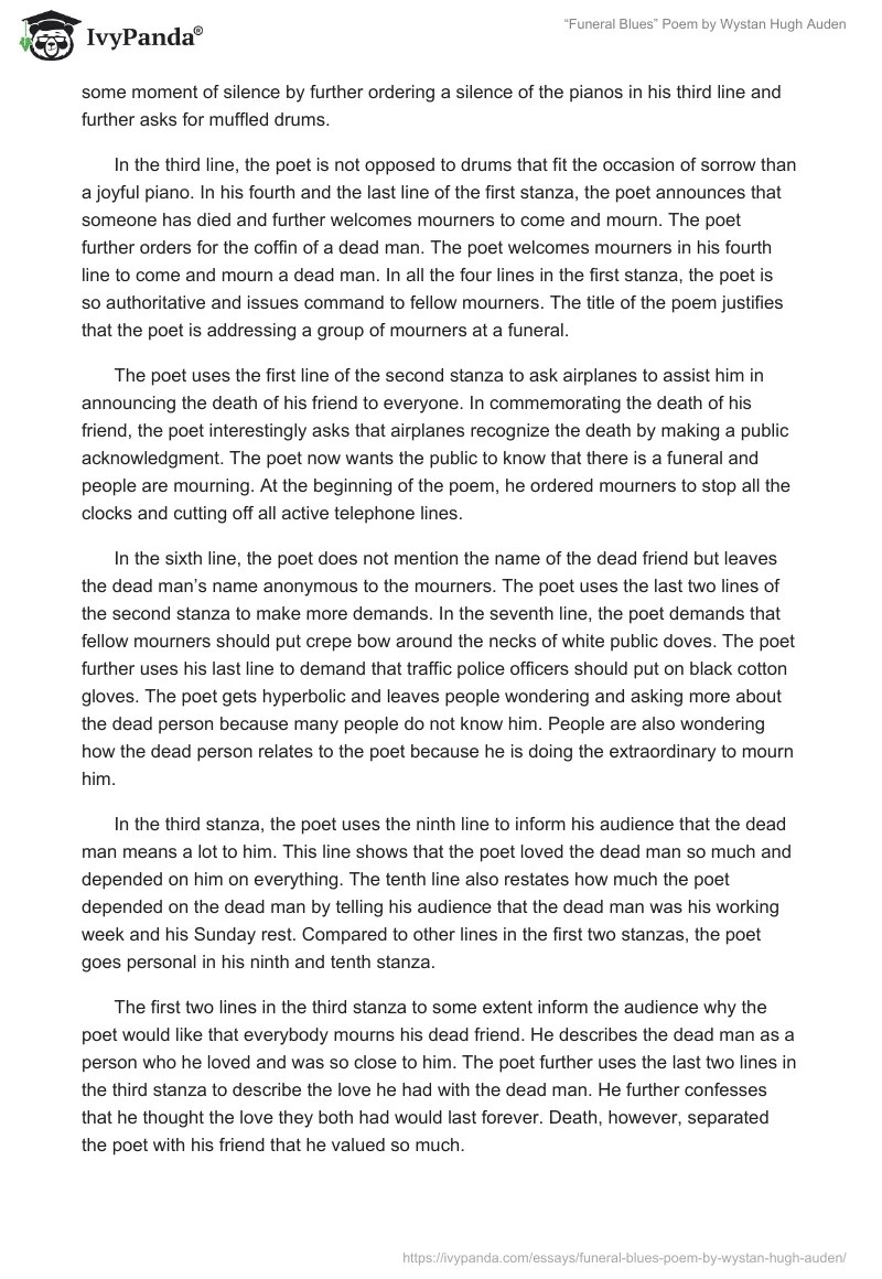 "Funeral Blues" Poem by Wystan Hugh Auden 1163 Words Essay Example