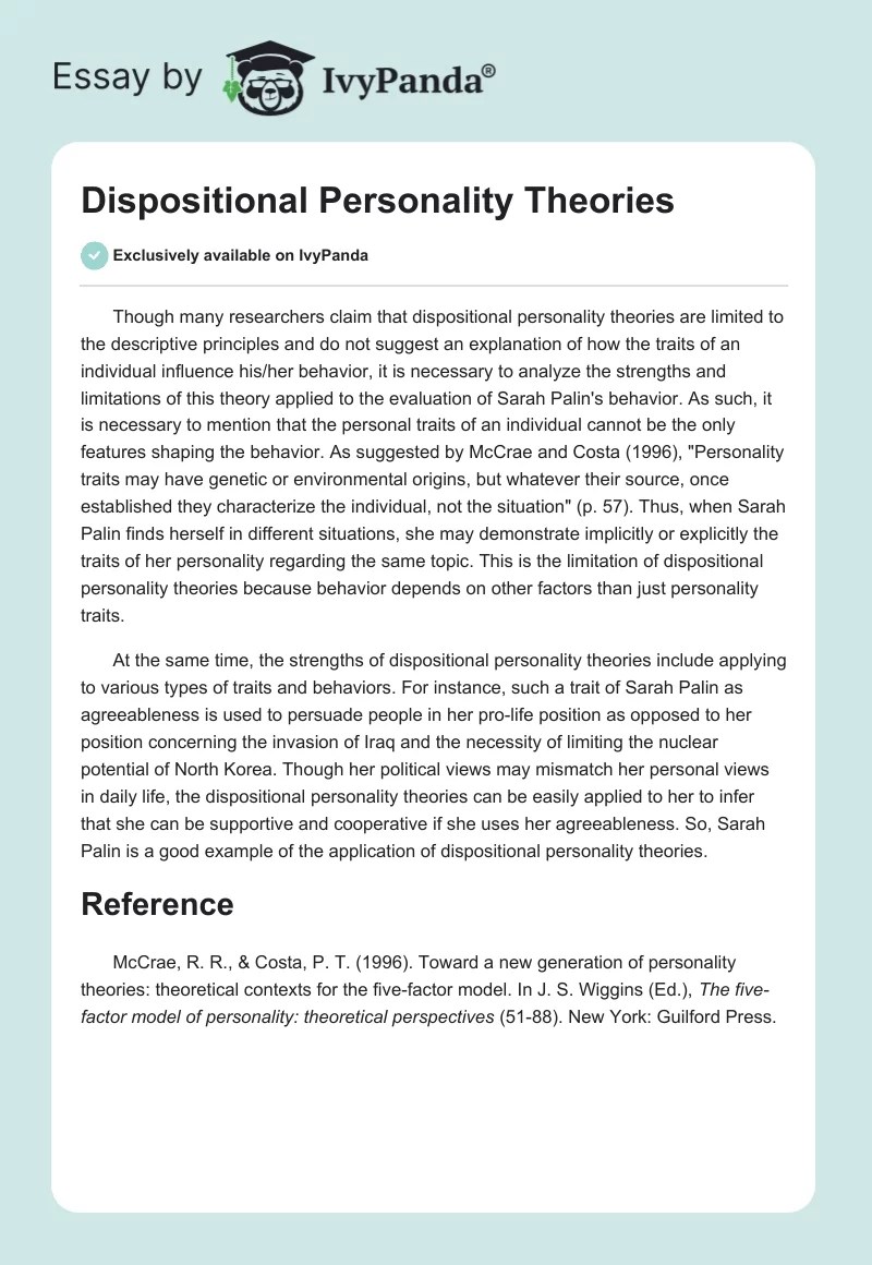 Dispositional Personality Theories 253 Words Essay Example