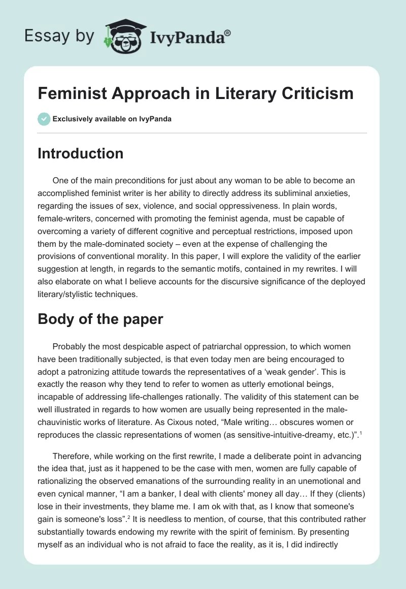 Feminist Approach in Literary Criticism 1976 Words Term Paper Example