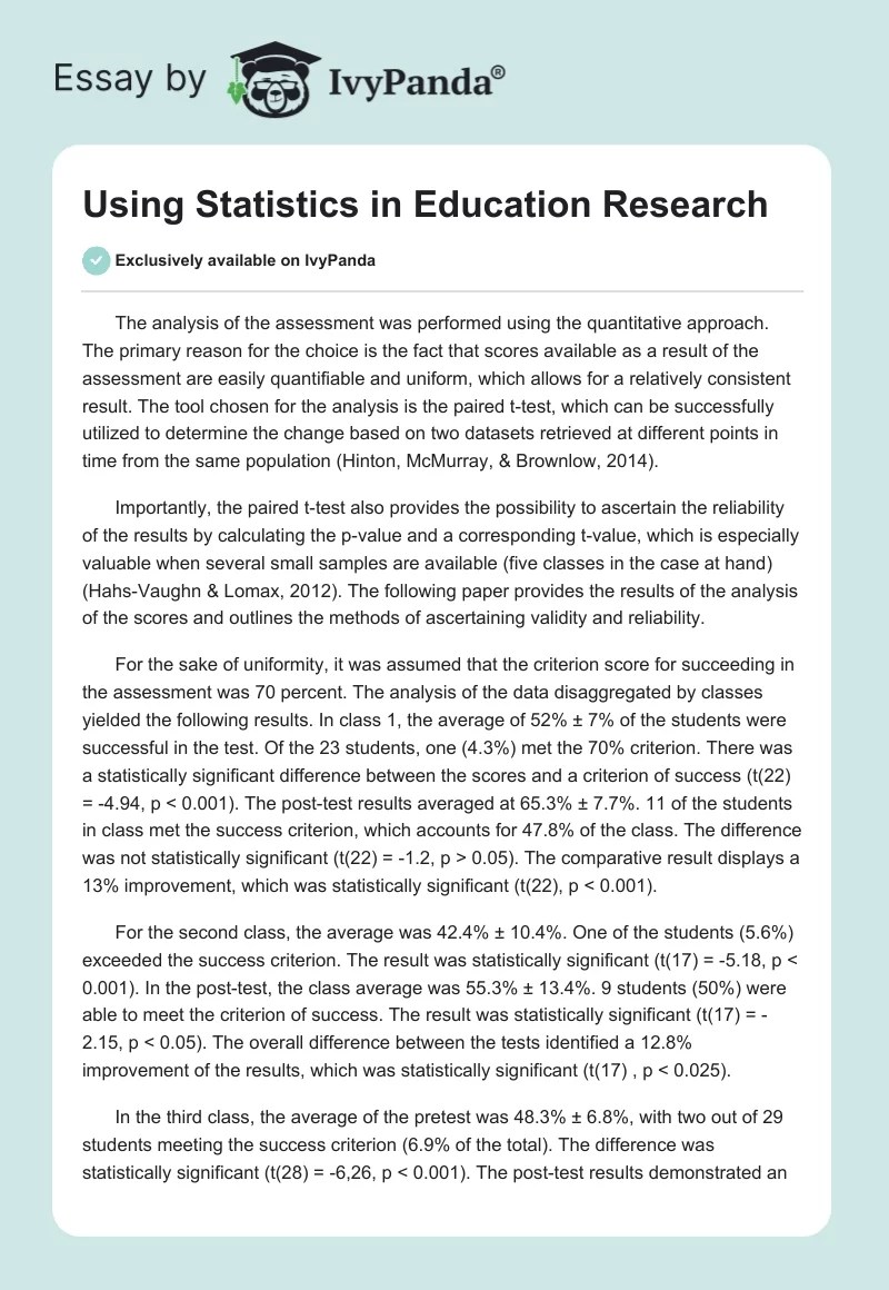 Using Statistics in Education Research 757 Words Assessment Example