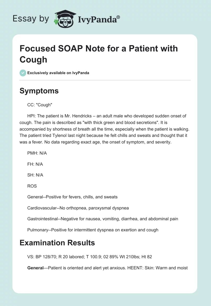 Focused SOAP Note for a Patient with Cough 835 Words Essay Example
