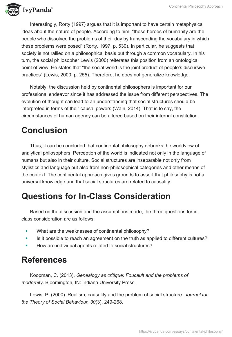 Continental Philosophy Approach 587 Words Essay Example