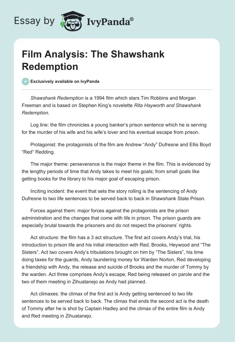 Film Analysis The Shawshank Redemption 510 Words Essay Example