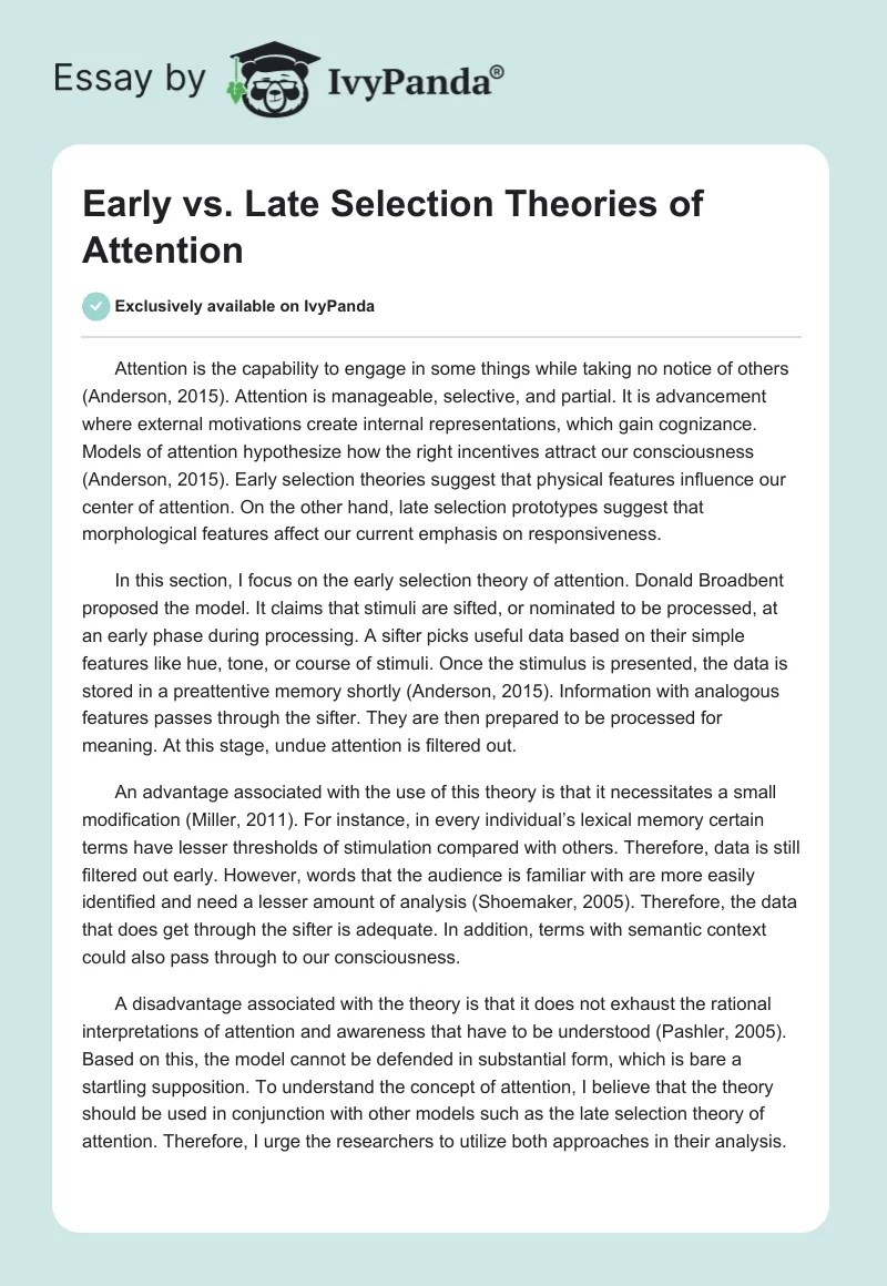 Early vs. Late Selection Theories of Attention 338 Words Essay Example
