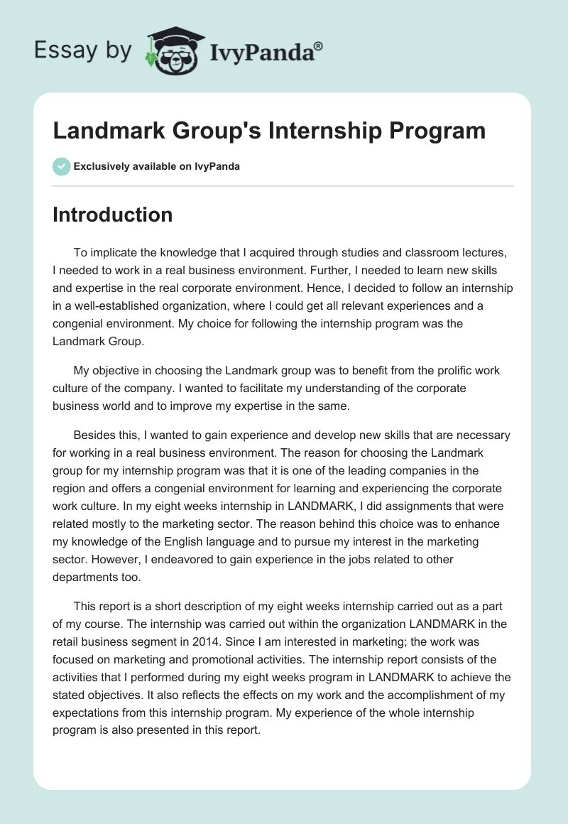 Landmark Group's Internship Program 3181 Words Essay Example