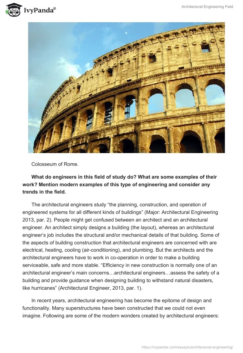 Architectural Engineering Field 1201 Words Report Example