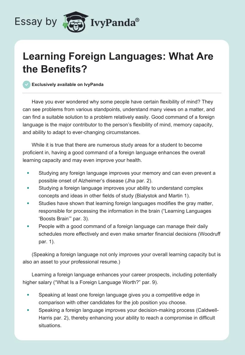 Learning Foreign Languages What Are the Benefits? 829 Words Essay