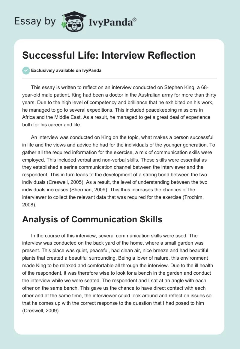 Successful Life Interview Reflection 1198 Words Essay Example
