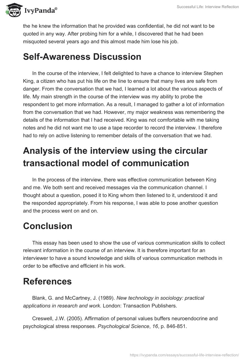 Successful Life Interview Reflection 1198 Words Essay Example