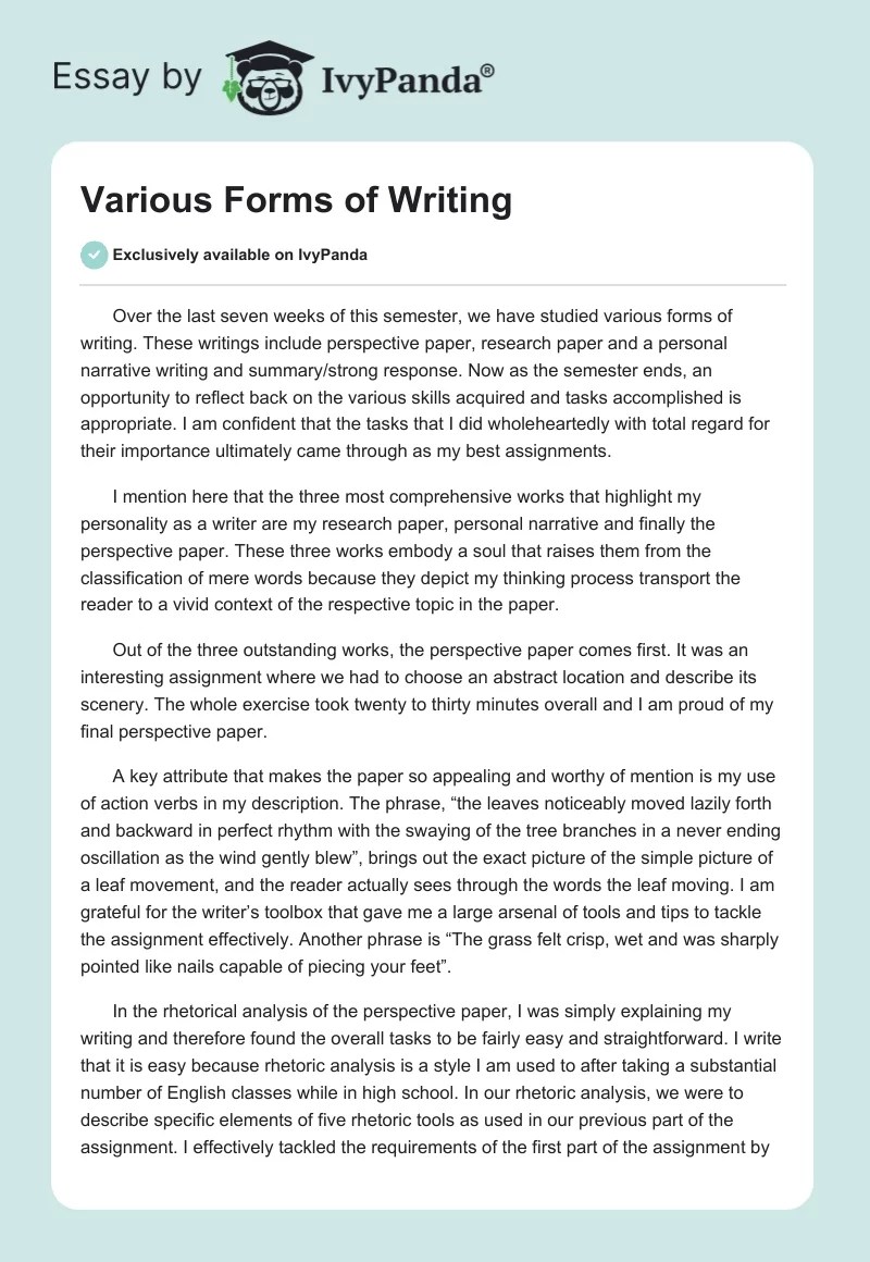Various Forms of Writing 855 Words Essay Example