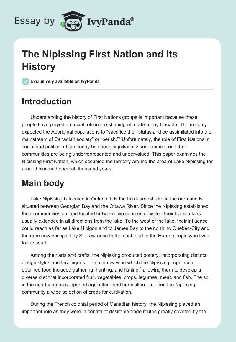 The Nipissing First Nation and Its History 878 Words Essay Example