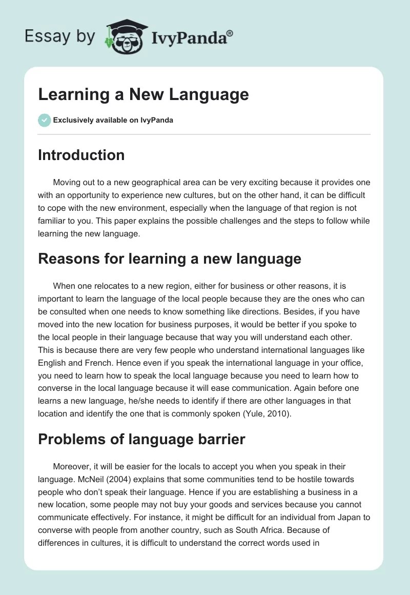 Learning a New Language 1398 Words Essay Example