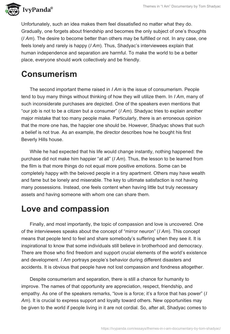 Themes in "I Am" Documentary by Tom Shadyac 876 Words Essay Example