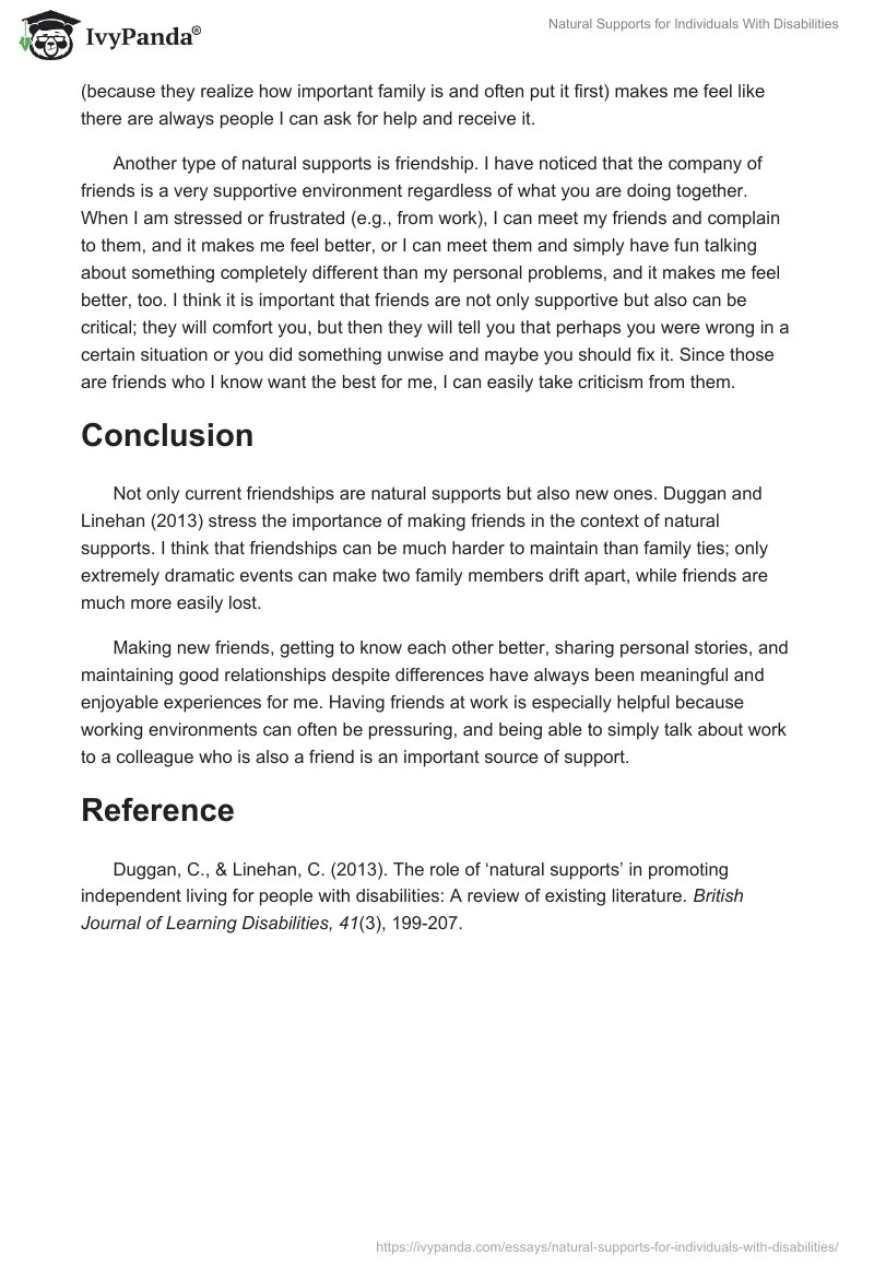 Natural Supports for Individuals with Disabilities 576 Words Essay Example